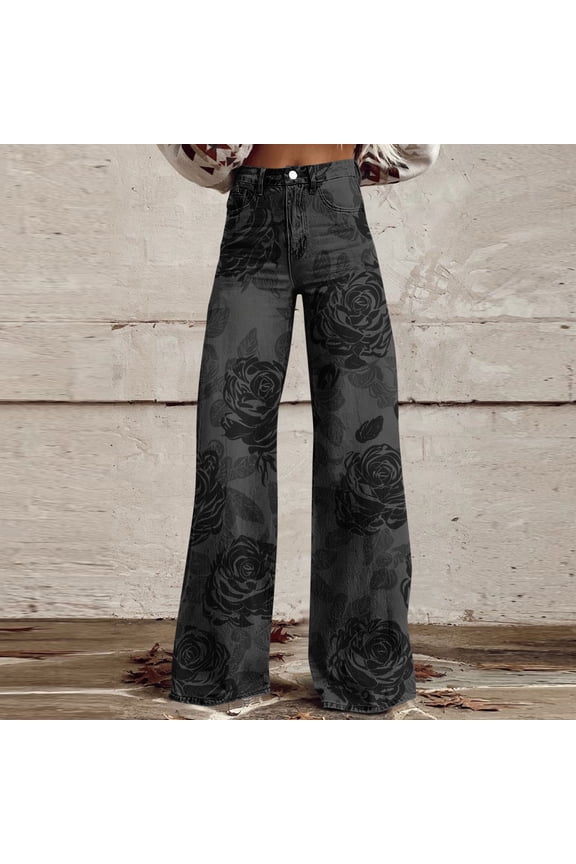 Wide Leg Jeans for Women High Waisted Stretchy Vintage Boho Floral Print Jeans Baggy Flare Denim Pants Plus Size Slacks Trousers with Pockets Fashion Button Down Lounge Pants Black XXXL