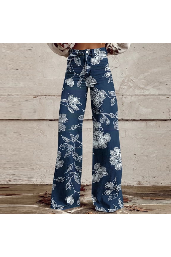 Wide Leg Jeans for Women High Waisted Stretchy Vintage Boho Floral Print Jeans Baggy Flare Denim Pants Plus Size Slacks Trousers with Pockets Fashion Button Down Lounge Pants Blue XXXXXL