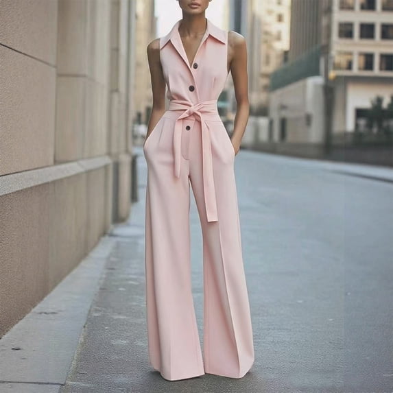 Maqroz Wide Leg Jumpsuits for Women Dressy Casual Summer Sleeveless Collared Tie Waist Coverall Button Down One Piece Outfits Wide Leg Pant with Pockets Pink S