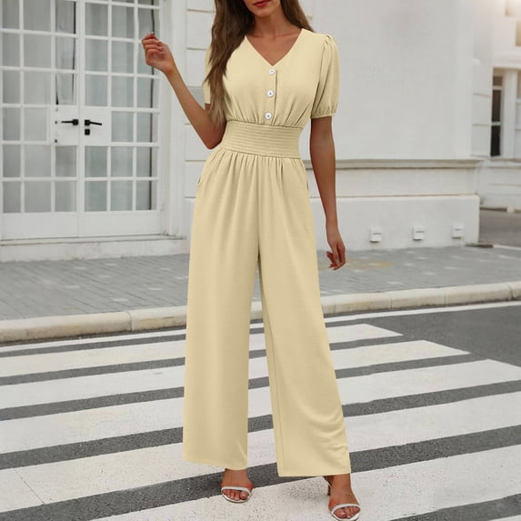 Maqroz Wide Leg Jumpsuits for Women Short Sleeve V Neck Button Down Pleated Romper 2026 Summer One Piece Outfits Loose Fit Beige M