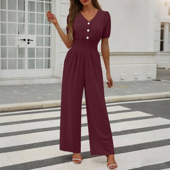 Maqroz Wide Leg Jumpsuits for Women Short Sleeve V Neck Button Down Pleated Romper 2026 Summer One Piece Outfits Loose Fit Wine M