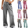 thumbnail image 1 of Maqroz Wide Leg Pants Women Plus Size Striped Gingham Palazzo Pants Drawsting Casual Loose Fit Elastic High Waisted Bottoms Trousers with Pockets Pajama Lounge Pants Gray M, 1 of 7