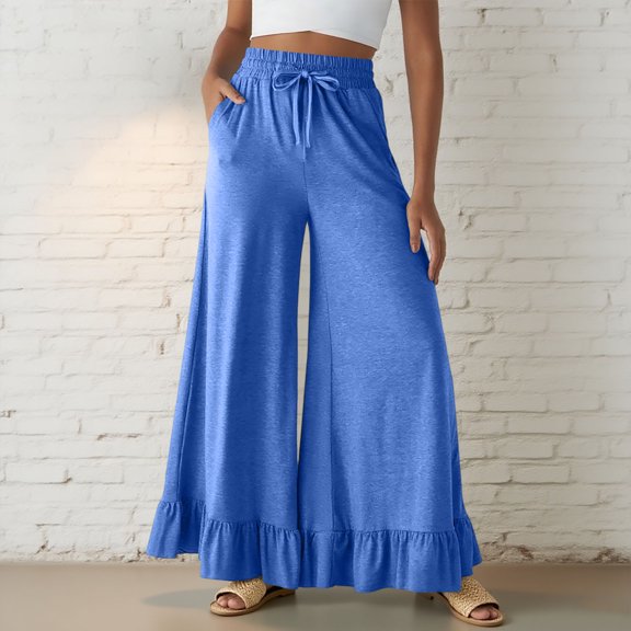 Maqroz Wide Leg Pants for Women Ruffle Hem Casual High Waisted Flare Pants Flowy Trendy Boho Lounge Trousers Drawstring Elastic Waist Stretchy Bottoms with Pockets, Blue XL