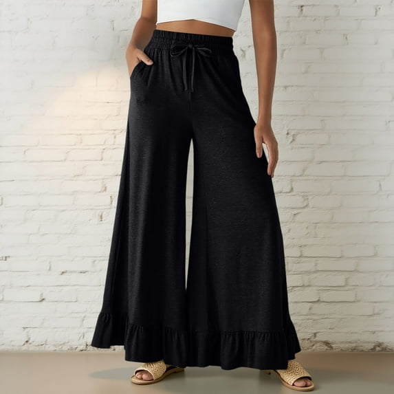 Maqroz Wide Leg Pants for Women Ruffle Hem Casual High Waisted Flare Pants Flowy Trendy Boho Lounge Trousers Drawstring Elastic Waist Stretchy Bottoms with Pockets, Black XL