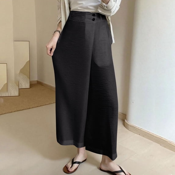 Maqroz Wide Leg Pants for Women Plus Size Casual Baggy Streetwear Cropped Pants Fashion Summer Pleated Capris Palazzo Trousers with Pockets Black M