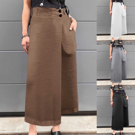 Maqroz Wide Leg Pants for Women Plus Size Casual Baggy Streetwear Cropped Pants Fashion Summer Pleated Capris Palazzo Trousers with Pockets Coffee L