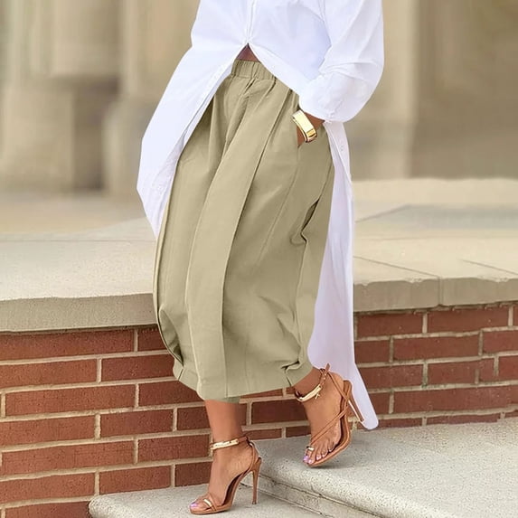 Maqroz Wide Leg Pants for Women Plus Size Casual Baggy Streetwear Cropped Pants Fashion Summer Pleated Capris Palazzo Trousers with Pockets Khaki XL