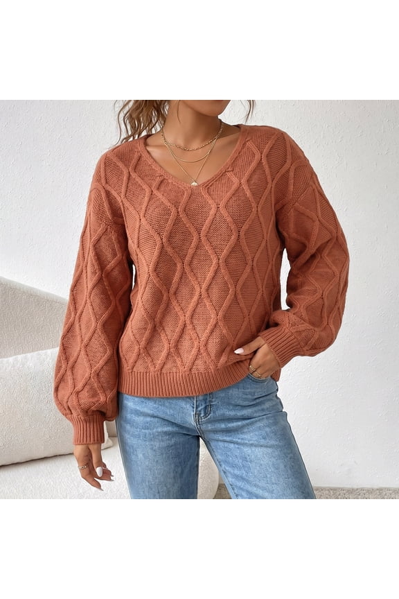 Winter Clothes for Women V Neck Diamond Cable Knit Sweaters Long Sleeve Textured Pullover Slouchy Lightweight Jumper Casual Daily Elegant Date Night Top