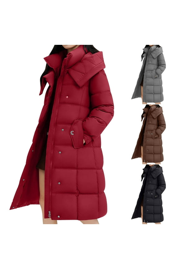 Winter Coat for Women Long Padded Quilted Coats Full Zip Stand Collar Jacket Over Knee Casual Jackets Cold Protection Warm Outerwear with Pockets