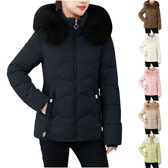 Maqroz Winter Coat for Women Trendy Down Jackets Zip Up Quilted Coats Fur Collar Hooded Puffer Jacket Clothes Parka Outerwears, Black L