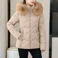 thumbnail image 1 of Maqroz Winter Coat for Women Trendy Down Jackets Zip Up Quilted Coats Fur Collar Hooded Puffer Jacket Clothes Parka Outerwears, Khaki L, 1 of 3