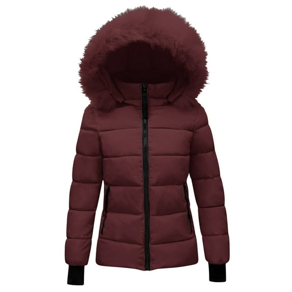 Maqroz Winter Coats for Women 2025 Warm Down Jackets Zip Up Stand Collar Quilted Puffer Jackets Thick Padded Parka Coats with Removable Faux Fur Hood, Wine M