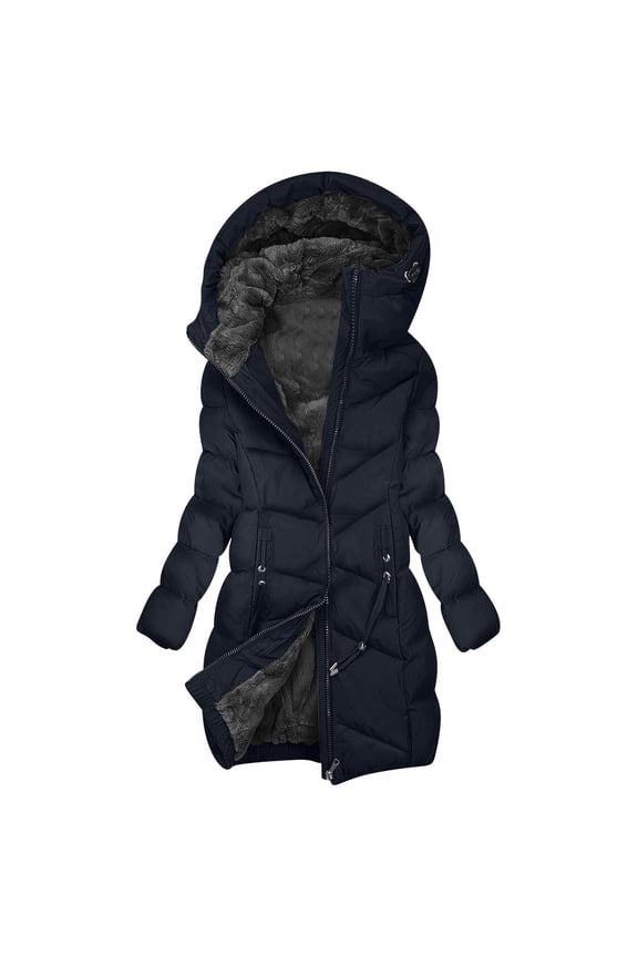 Winter Coats for Women Long Down Jackets Warm Fleece Lined Zip Up Thick Quilted Puffer Jacket Thermal Heavyweight Parka Outwear with Fur Hood and Zipper Pockets, Navy XL