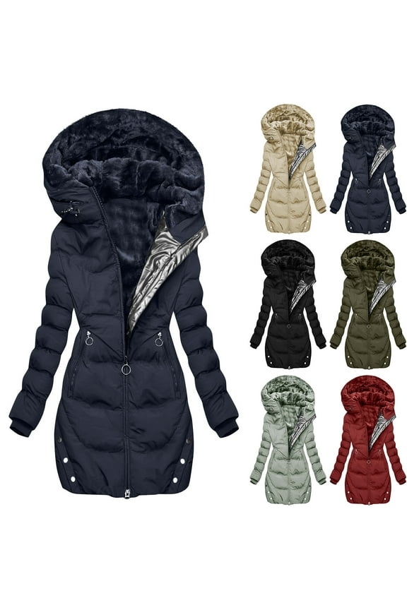 Down Winter Jackets for Women Fleece Lined Knee Length Long Quilted Coats Heavy Coats Zip Up Parka with Zipper Pockets Warm Hooded Thermal Cold Weather Jackets, Navy L