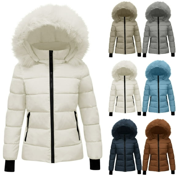 Maqroz Winter Jackets Women Warm Padded Parka Puffer Jacket Quilted Short Down Coat Thick Parkas Warm Zip Up Jackets with Faux Fur Hood Outerwear, Beige XXL