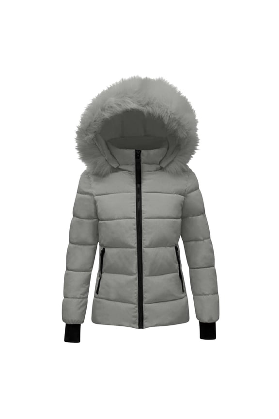 Winter Jackets Women Warm Padded Parka Puffer Jacket Quilted Short Down Coat Thick Parkas Warm Zip Up Jackets with Faux Fur Hood Outerwear, Gray XL