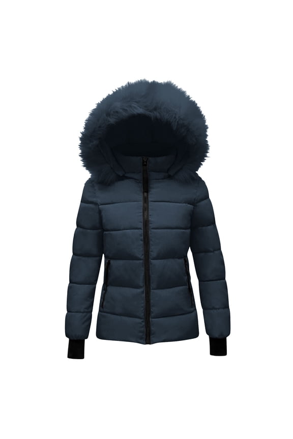 Winter Jackets Women Warm Padded Parka Puffer Jacket Quilted Short Down Coat Thick Parkas Warm Zip Up Jackets with Faux Fur Hood Outerwear, Navy L