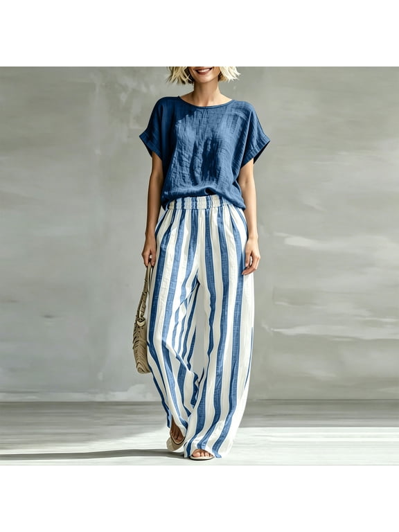 Women 2 Piece Outfits Sets Summer Solid Crew Neck Short Sleeve Top and Striped Pants Set Elastic Waist Pockets Casual Vacation Travel Sets Navy XL