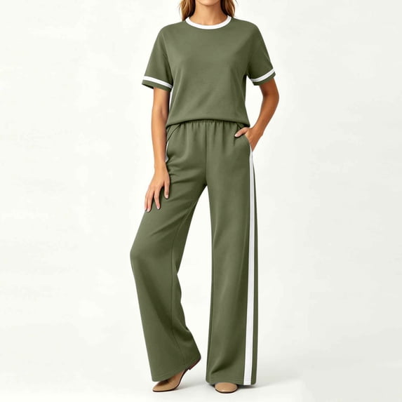 Maqroz Women 2 Piece Outfits Sets Summer Solid Crew Neck Short Sleeve Top and Long Pants Set Elastic Waist with Pockets Vacation Travel Green M