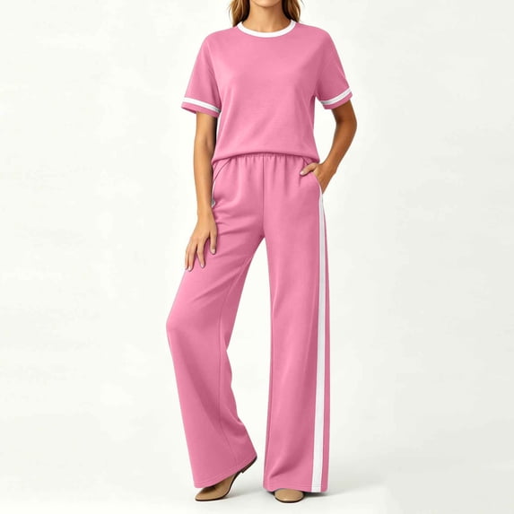 Maqroz Women 2 Piece Outfits Sets Summer Solid Crew Neck Short Sleeve Top and Long Pants Set Elastic Waist with Pockets Vacation Travel Pink M