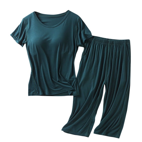 Maqroz Women 2 Piece Outfits Sets Summer Solid Crew Neck Short Sleeve Top with Built In Bra and Capri Pants Set with Pockets Home Wear Green XL