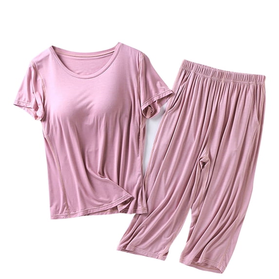 Maqroz Women 2 Piece Outfits Sets Summer Solid Crew Neck Short Sleeve Top with Built In Bra and Capri Pants Set with Pockets Home Wear Pink L