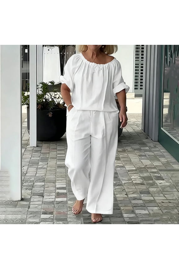 Women 2 Piece Outfits Sets Summer Solid Loose Short Sleeve Crew Neck Top and Pants Set Drawstring Casual Vacation Travel 2026 White L