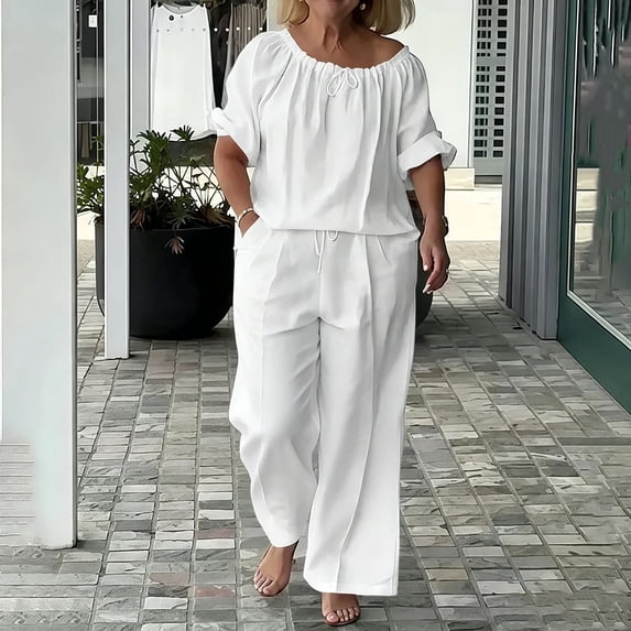 Maqroz Women 2 Piece Outfits Sets Summer Solid Loose Short Sleeve Crew Neck Top and Pants Set Drawstring Casual Vacation Travel 2026 White XXXL