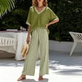 thumbnail image 1 of Maqroz Women 2 Piece Outfits Sets Summer Striped Print Short Sleeve V Neck Top and Striped Pants Set Elastic Waist Pockets Casual Vacation Sets Green M, 1 of 7