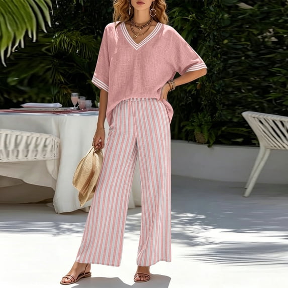 Maqroz Women 2 Piece Outfits Sets Summer Striped Print Short Sleeve V Neck Top and Striped Pants Set Elastic Waist Pockets Casual Vacation Sets Pink XXXL