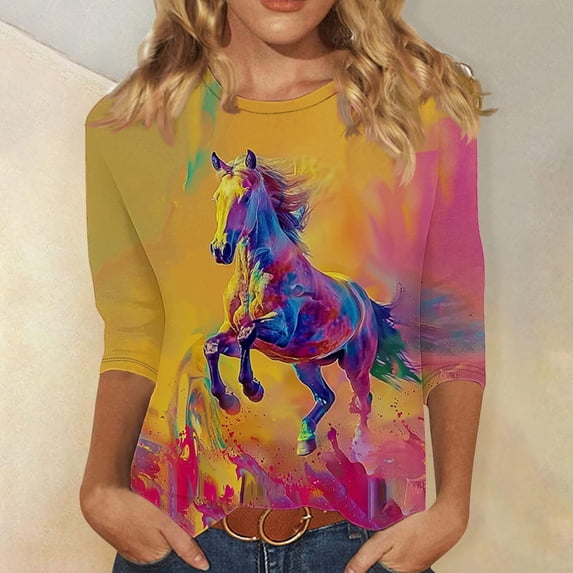 Maqroz Women 3/4 Sleeve Tops And Blouses Cute Tops for Women Womens 3 Quarter Sleeve Tops Women Shirts Casual Multicolor,Xxl