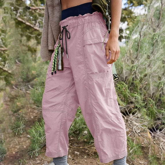 Maqroz Women Cargo Pants with Pockets Wide Leg Lightweight Hiking Pants Drawstring Elastic Waisted Loose Fit Baggy Outdoor Activewear Casual Plus Size Trousers, Pink 2XL