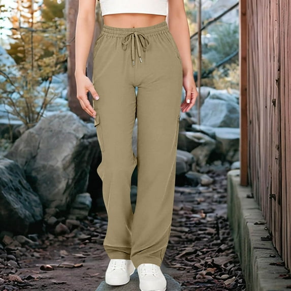 Maqroz Women Cargo Pants Wide Leg Lightweight Hiking Pants Casual Stretch Straight Leg Trousers Workout Athletic Travel Pants with Pockets, Khaki L