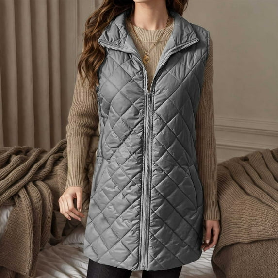 Maqroz Women Quilted Vest Lightweight Padded Puffer Vest Winter Warm Zip Up Sleeveless Down Jacket Fashion Stand Collar Waistcoat, Gray XL