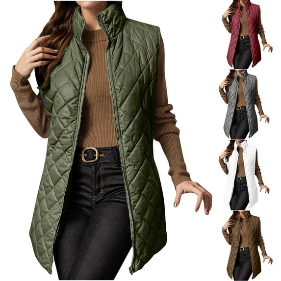 Maqroz Women Quilted Vest Lightweight Padded Puffer Vest Winter Warm Zip Up Sleeveless Down Jacket Fashion Stand Collar Waistcoat, Green XL