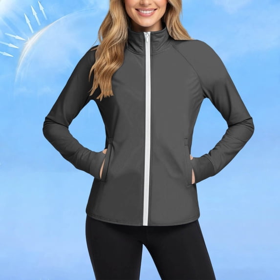 Maqroz Women's Lightweight Jacket Plus Size Sun Protection High Neck Long Sleeve Full Zip Workout Jacket with Pockets UPF 50+ UV Rash Guard Hiking Shirts Outdoor Gray S