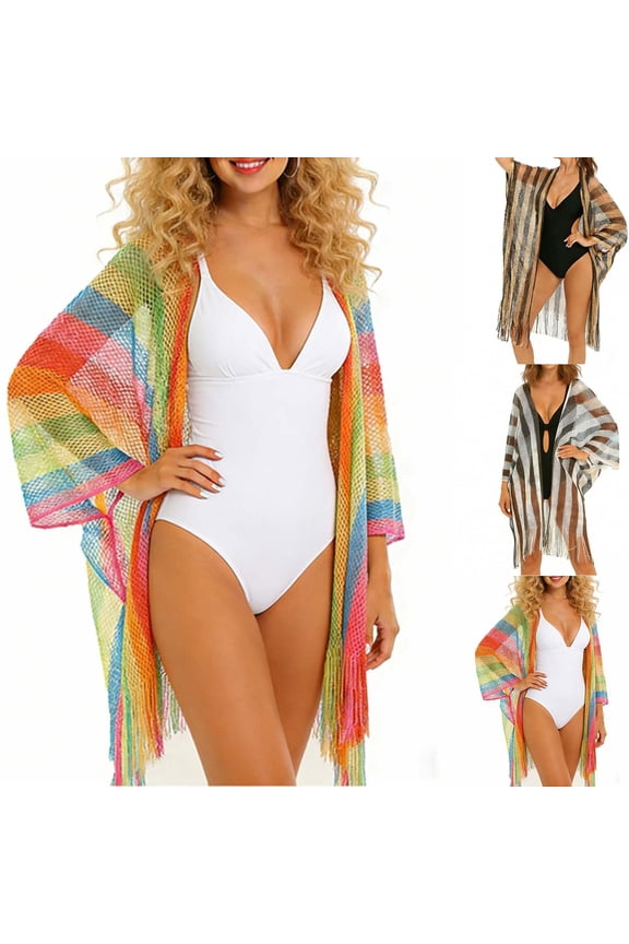 Women's Rainbow Plaid Beach Sun Protection Colorful Fringe Open Front Robe In Lightweight Fabric | Vibrant Swim Cover Up for Summer Festival Or Vacation Wear Multicolor Free Size