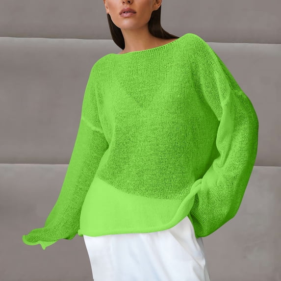 Maqroz Women's Sheer Long Sleeve Tops Sun Protection Crew Neck Casual Beach Cover Up See Through Mesh Blouse Long Sleeve Lightweight Pullover Layer Shirt Green L