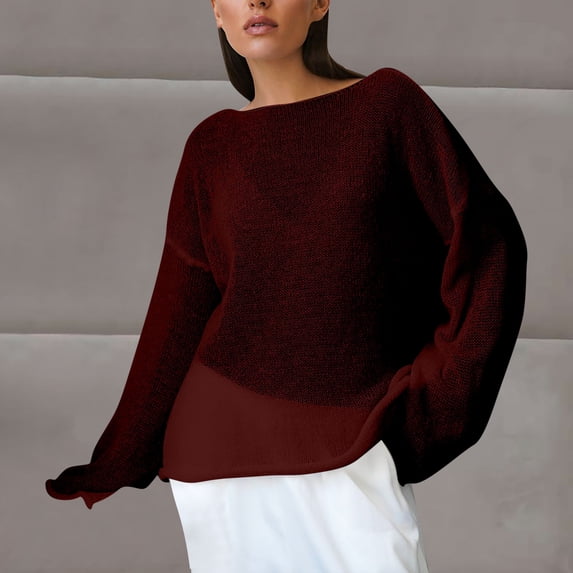 Maqroz Women's Sheer Long Sleeve Tops Sun Protection Crew Neck Casual Beach Cover Up See Through Mesh Blouse Long Sleeve Lightweight Pullover Layer Shirt Wine M