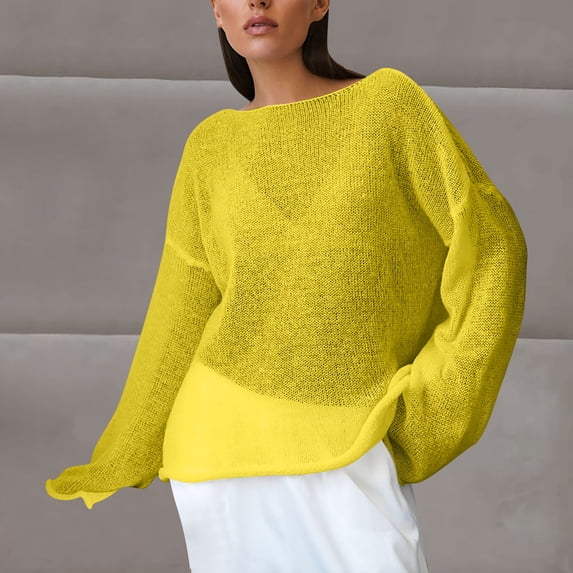 Maqroz Women's Sheer Long Sleeve Tops Sun Protection Crew Neck Casual Beach Cover Up See Through Mesh Blouse Long Sleeve Lightweight Pullover Layer Shirt Yellow L