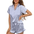 thumbnail image 1 of Maqroz Women Satin Pajamas Set Classic Silk Striped Loungewear Short Sleeve V Neck Button Down Top Drawstring Elastic Waist Stretch Shorts Breathable Lightweight Elegant Homewear, 1 of 7