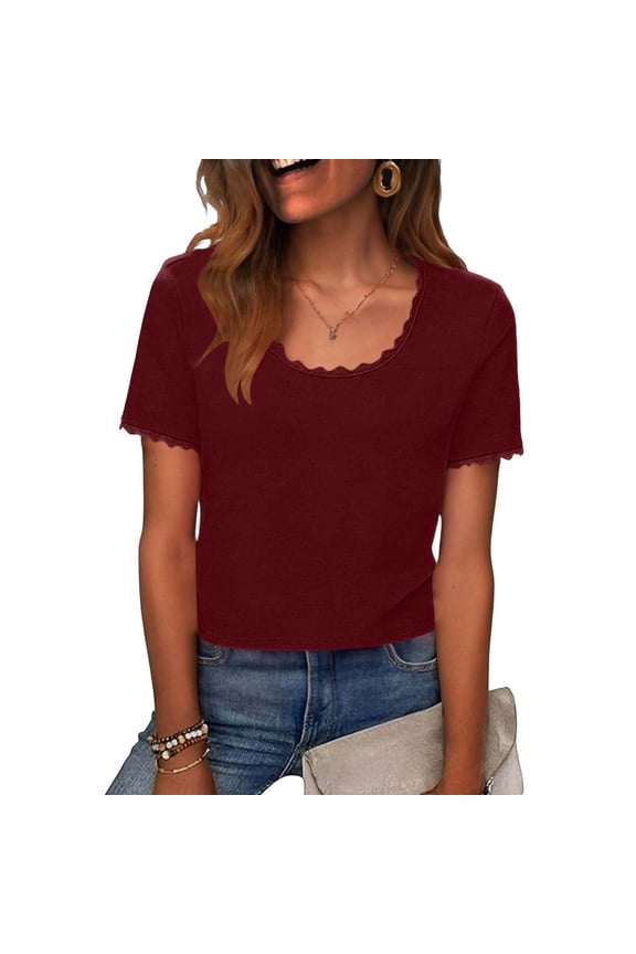 Women Scalloped Round Neck Short Sleeve Top Solid Color Cute Blouse Soft Ribbed Knit Summer Sweet Casual Comfy Daily Wear