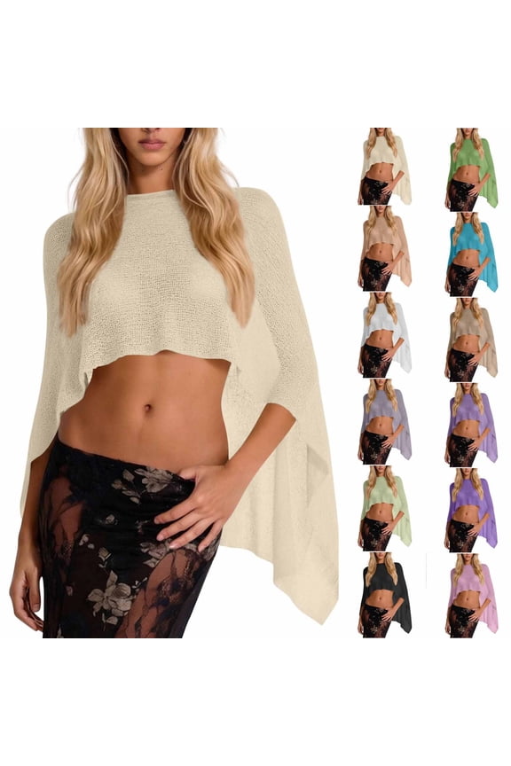 Women Sheer Poncho Top UPF 50+ Sun Protection Lightweight Knit Crochet Shrug Bolero Mesh Batwing Sleeve Sweater Cover Up Beachwear Holiday Beige Free Size