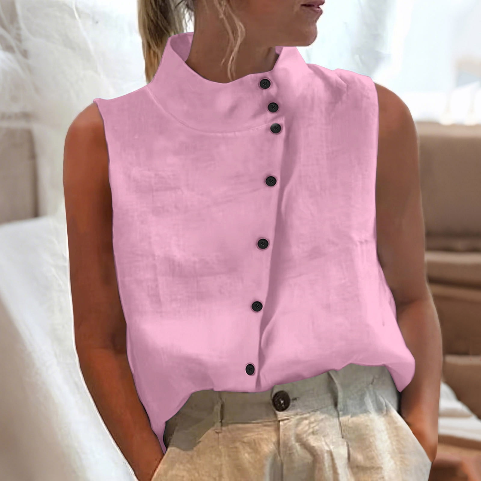 Maqroz Women Sleeveless Linen Vest Top Casual Stand Collar Button Front ...