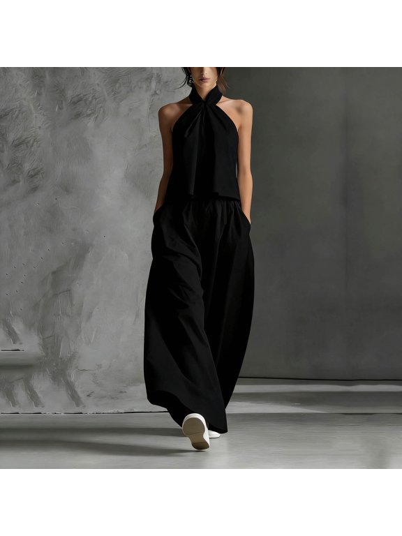 Women Two Piece Outfits Halter Neck Sleeveless Tops and Wide Leg Pants Sets Elegant Flowy Matching Sets Summer Vacation Beach Wear Casual Dressy Clothes