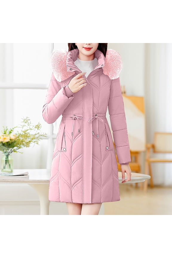 Women Winter Parkas Long Coat Warm Winter Jacket Mid Length Drawstring Furry Collar Hooded Cotton Padded Puffer Parka with Pockets Outerwear, Pink XXL