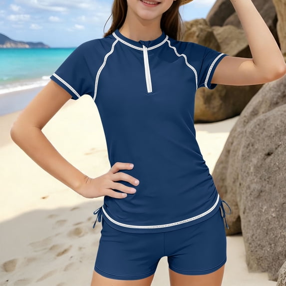 Maqroz Women's 2 Piece Rash Guard Swimsuits Zip Front Short Sleeve Bathing Suits Modest Swimwear Navy,160