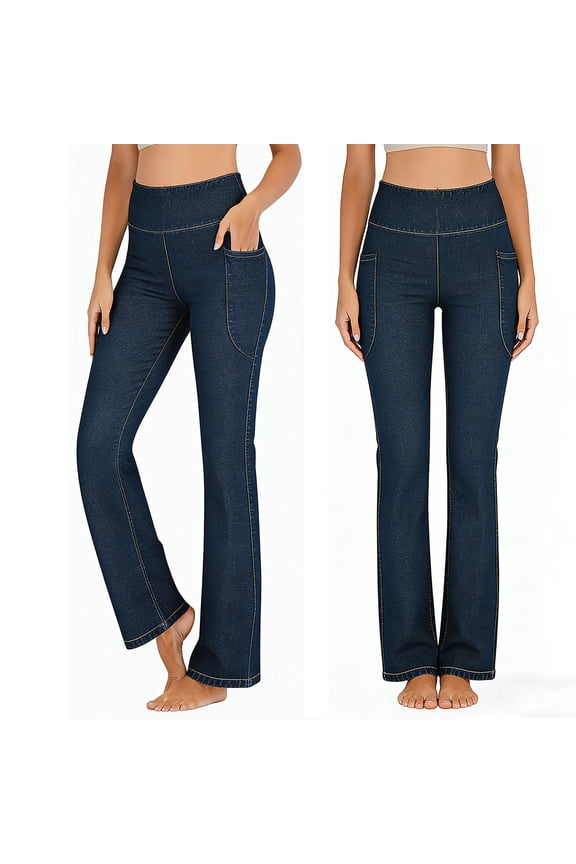 Women's Bootcut Jeggings High Waist Faux Denim Flare Pants Stretchy Jean Leggings with Pockets Dark Blue,M