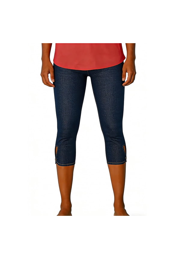 Women's Capri Jeggings with Keyhole Detail Cropped Faux Denim Leggings Summer Jean Pants Dark Blue,M