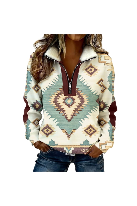 Women's Cream Aztec Sweatshirt Geometric Graphic Quarter Zip Fleece Pullover Stand Collar Warm Retro Western Soft Tops Multicolor,S